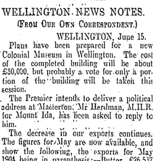 WELLINGTON NEWS NOTES. (Otago Daily Times 16-6-1905)