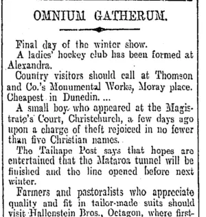 OMNIUM GATHERUM. (Otago Daily Times 17-6-1905)