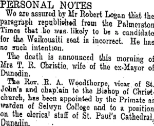 PERSONAL NOTES. (Otago Daily Times 12-6-1905)