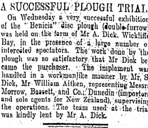 A SUCCESSFUL PLOUGH TRIAL. (Otago Daily Times 28-7-1905)