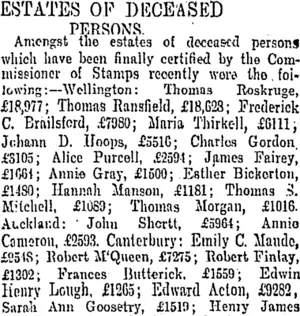 ESTATES OF DECEASED PERSONS. (Otago Daily Times 31-7-1905)