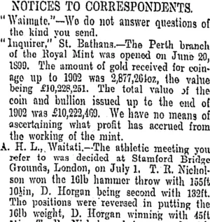 NOTICES TO CORRESPONDENTS. (Otago Daily Times 19-8-1905)