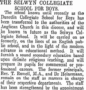 THE SELWYN COLLEGIATE SCHOOL FOR BOYS. (Otago Daily Times 16-9-1905)