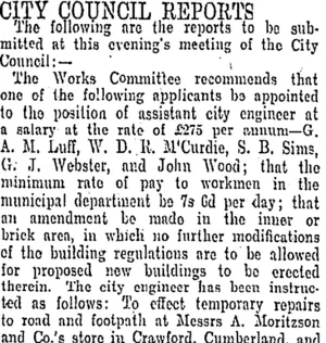 CITY COUNCIL REPORTS. (Otago Daily Times 27-9-1905)