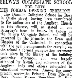 SELWYN COLLEGIATE SCHOOL FOR BOYS. (Otago Daily Times 20-9-1905)