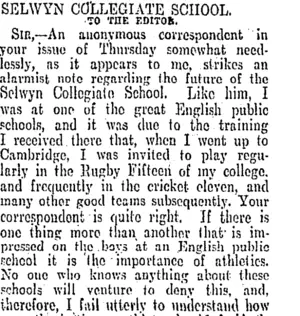 SELWYN COLLEGIATE SCHOOL. (Otago Daily Times 30-9-1905)