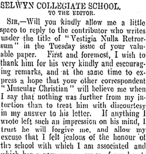 SELWYN COLLEGIATE SCHOOL. (Otago Daily Times 6-10-1905)