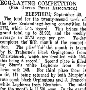 EGG-LAYING COMPETITION. (Otago Daily Times 2-10-1905)