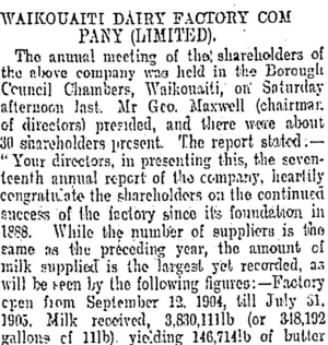 WAIKOUAITI DAIRY FACTORY COMPANY (LIMITED). (Otago Daily Times 3-10-1905)