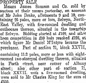 PROPERTY SALE. (Otago Daily Times 10-10-1905)