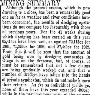 MINING SUMMARY. (Otago Daily Times 23-10-1905)