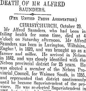 DEATH OF MR ALFRED SAUNDERS. (Otago Daily Times 30-10-1905)