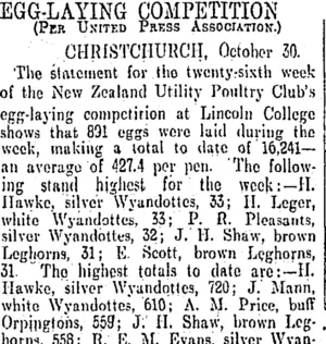 EGG-LAYING COMPETITION. (Otago Daily Times 31-10-1905)