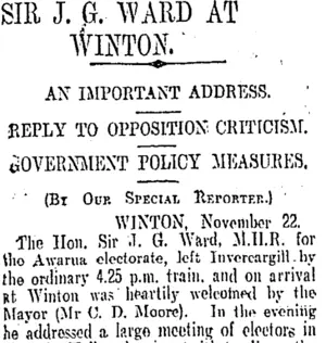 SIR J. G. WARD AT WINTON. (Otago Daily Times 23-11-1905)