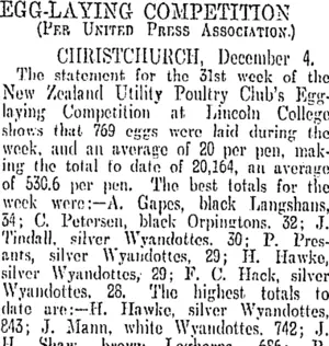 EGG-LAYING COMPETITION. (Otago Daily Times 6-12-1905)