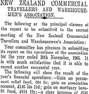 NEW ZEALAND COMMERCIAL TRAVELLERS AND WAREHOUSEMEN'S ASSOCIATION. (Otago Daily Times 19-12-1905)