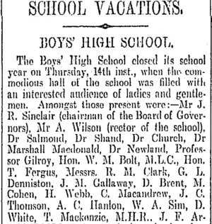 SCHOOL VACATIONS. (Otago Daily Times 22-12-1905)