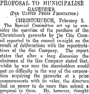PROPOSAL TO MUNICIPALISE GASWORKS. (Otago Daily Times 6-2-1906)