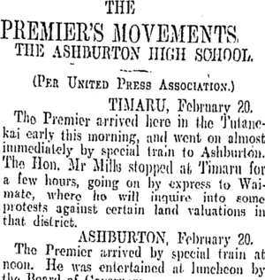THE PREMIER'S MOVEMENTS. (Otago Daily Times 21-2-1906)
