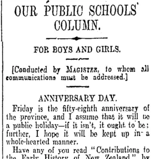 OUR PUBLIC SCHOOLS' COLUMN. (Otago Daily Times 22-3-1906)