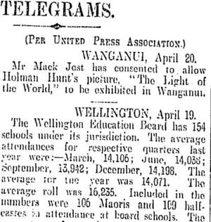 TELEGRAMS. (Otago Daily Times 20-4-1906)