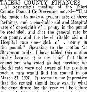 TAIERI COUNTY FINANCES. (Otago Daily Times 7-7-1906)