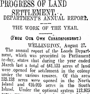 PROGRESS OF LAND SETTLEMENT. (Otago Daily Times 23-8-1906)