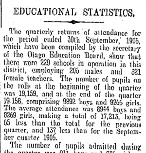EDUCATIONAL STATISTICS. (Otago Daily Times 18-10-1906)