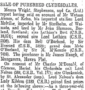 SALE OF PUREBRED CLYDESDALES. (Otago Daily Times 24-10-1906)