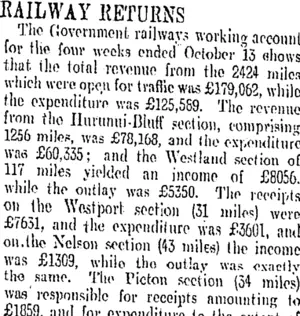 RAILWAY RETURNS. (Otago Daily Times 16-11-1906)