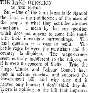 THE LAND QUESTION TO THE EDITOR (Otago Daily Times 21-12-1906)