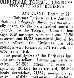 CHRISTMAS POSTAL BUSINESS. (Otago Daily Times 7-1-1907)