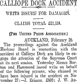 CALLIOPE DOCK ACCIDENT (Otago Daily Times 27-2-1907)