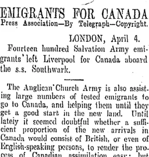 EMIGRANTS FOR CANADA (Otago Daily Times 6-4-1907)
