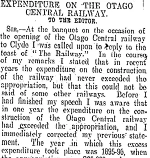 EXPENDITURE ON THE OTAGO CENTRAL RAILWAY. (Otago Daily Times 8-4-1907)