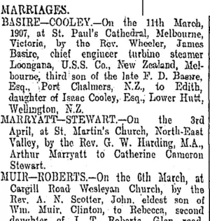 MARRIAGES. (Otago Daily Times 20-4-1907)