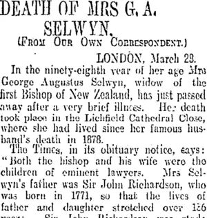 DEATH OF MRS G.A. SELWYN. (Otago Daily Times 9-5-1907)