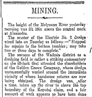 MINING. (Otago Daily Times 6-6-1907)
