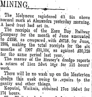 MINING. (Otago Daily Times 19-7-1907)