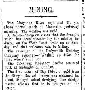 MINING. (Otago Daily Times 20-8-1907)