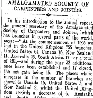 AMALGAMATED SOCIRTY OF CARPENTERS AND JOINERS. (Otago Daily Times 10-9-1907)