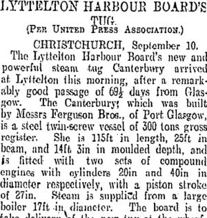 LYTTELTON HARBOUR BOARD'S TUG. (Otago Daily Times 12-9-1907)