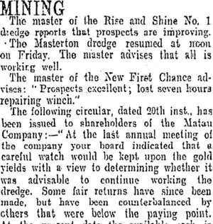 MINING. (Otago Daily Times 23-9-1907)