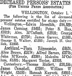 DECEASED PERSONS' ESTATES. (Otago Daily Times 3-10-1907)