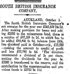 SOUTH BRITISH INSURANCE COMPANY. (Otago Daily Times 14-10-1907)