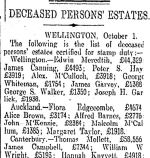 DECEASED PERSONS' ESTATES. (Otago Daily Times 14-10-1907)