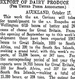 EXPORT OP DAIRY PRODUCE. (Otago Daily Times 18-10-1907)