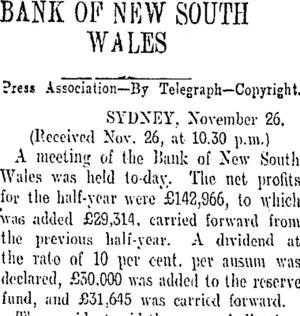 BANK OF NEW SOUTH WALES (Otago Daily Times 27-11-1907)