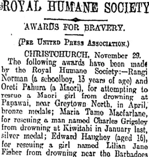 ROYAL HUMANE SOCIETY (Otago Daily Times 2-12-1907)