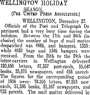 WELLINGTON HOLIDAY SEASON. (Otago Daily Times 28-12-1907)